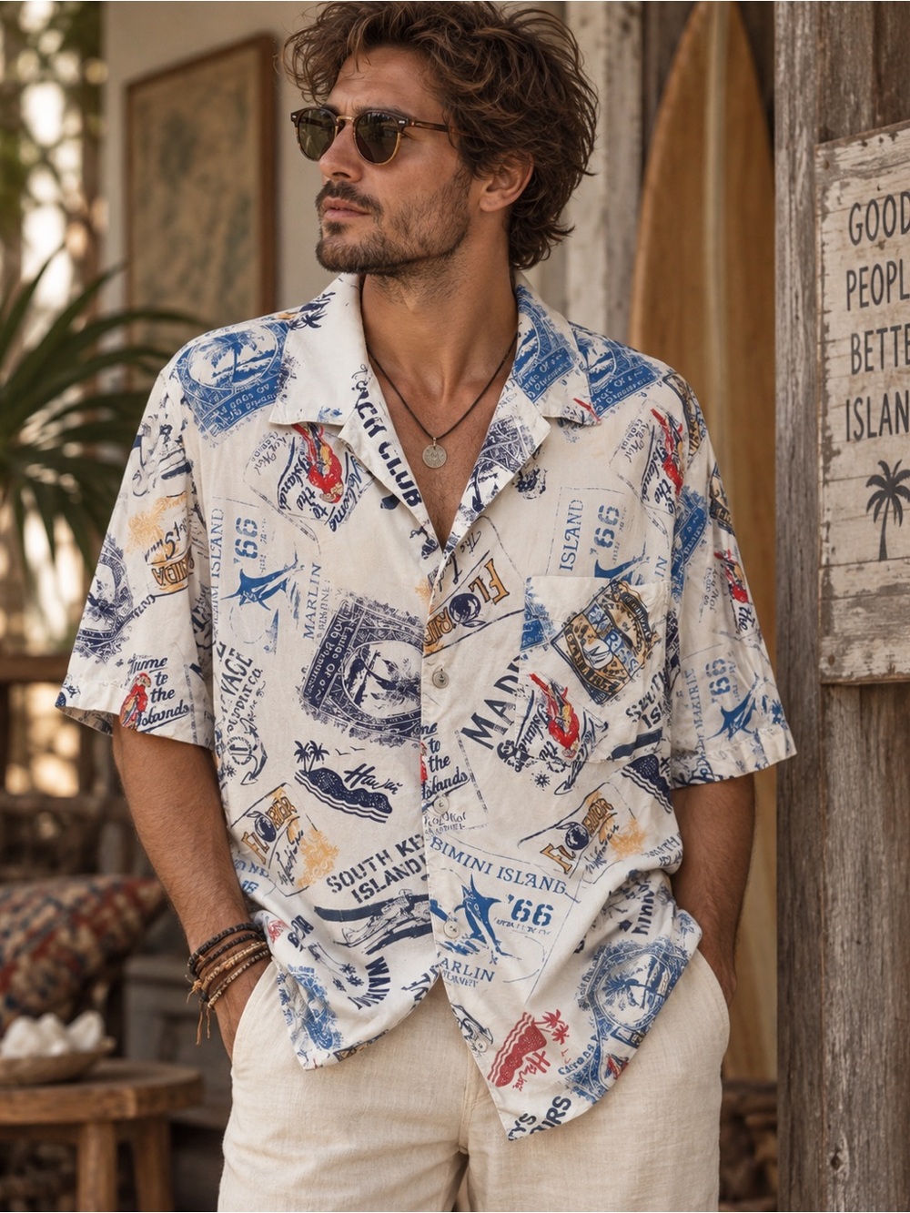 Croft & Barrow Men’s XL Hawaiian Camp Shirt Island Travel Print Boho Coastal
